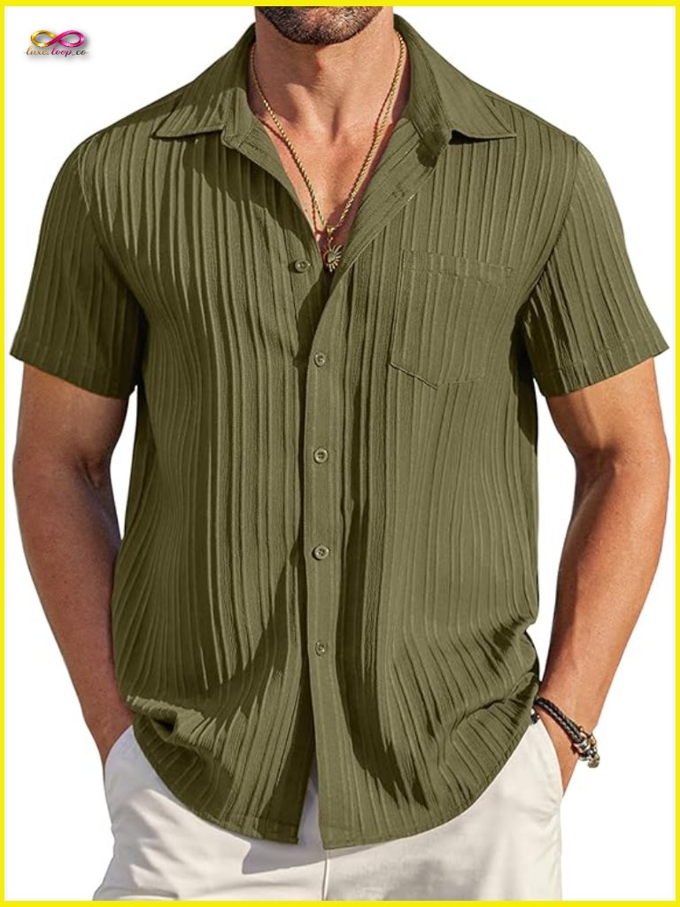 Men's Short Sleeve Button Down Shirt Textured Casual Summer Beach Shirt With